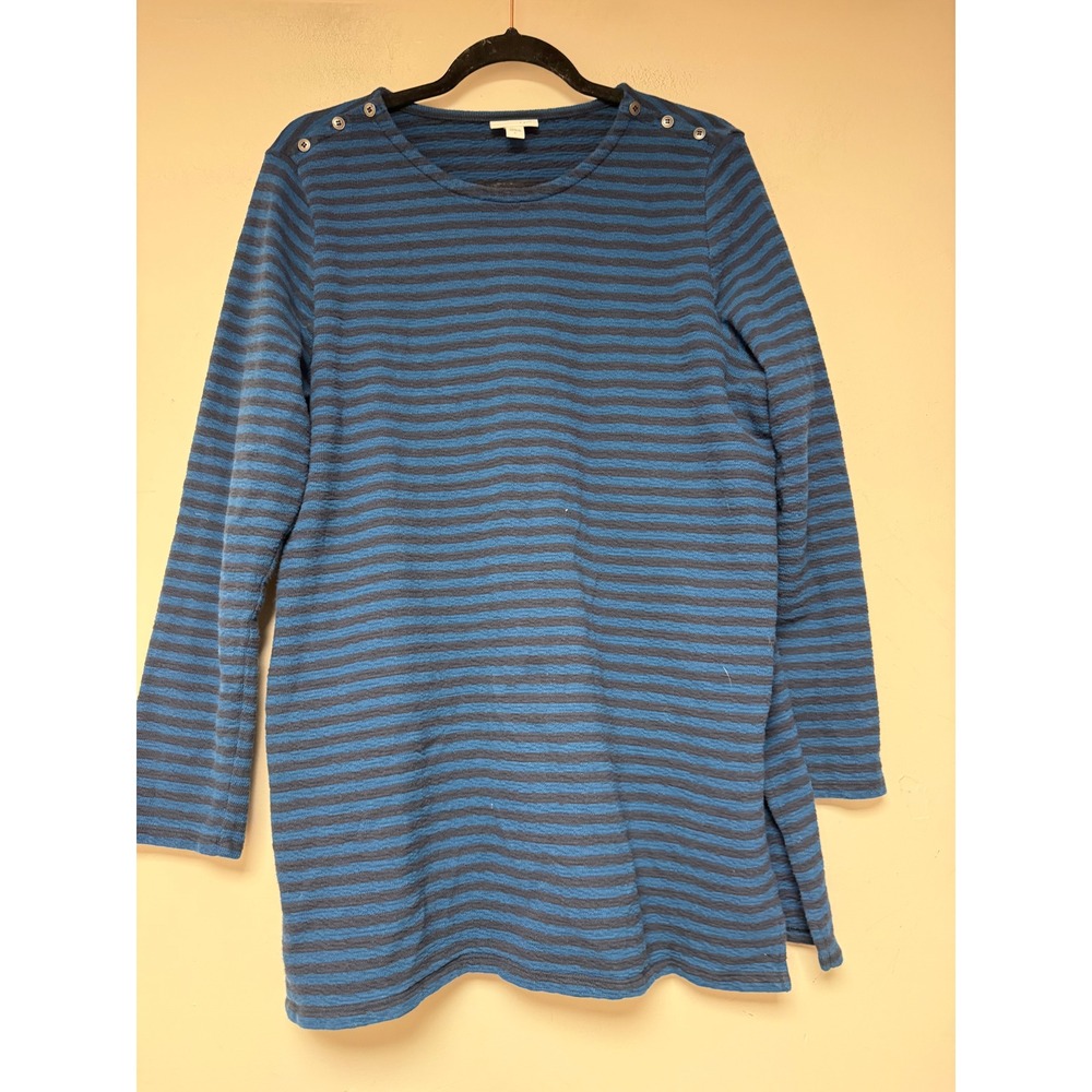 J. Jill Blue Striped Cotton‎ Tunic Long Sleeve Button Shoulder Top Large